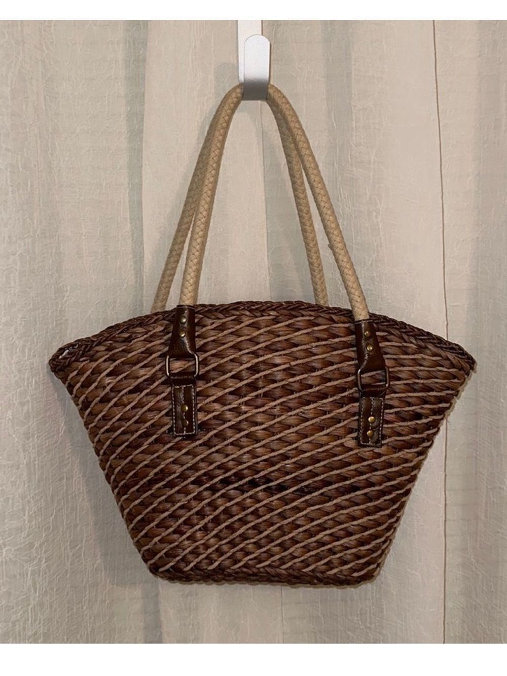 Tan Brown Floral Cotton Interior Straw Tote
